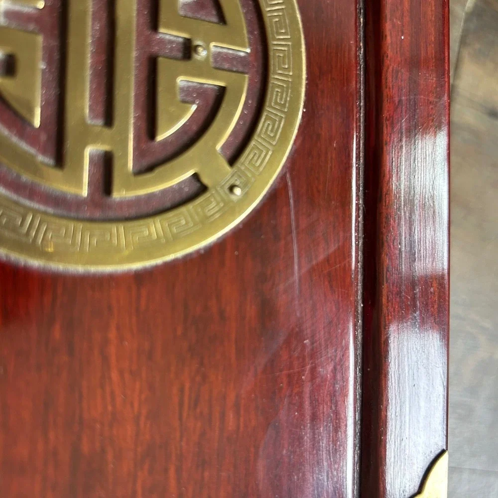 Vintage Chinese Rosewood Hongmu Jewelry Box Brass Hardware Red Silk Lining 12in